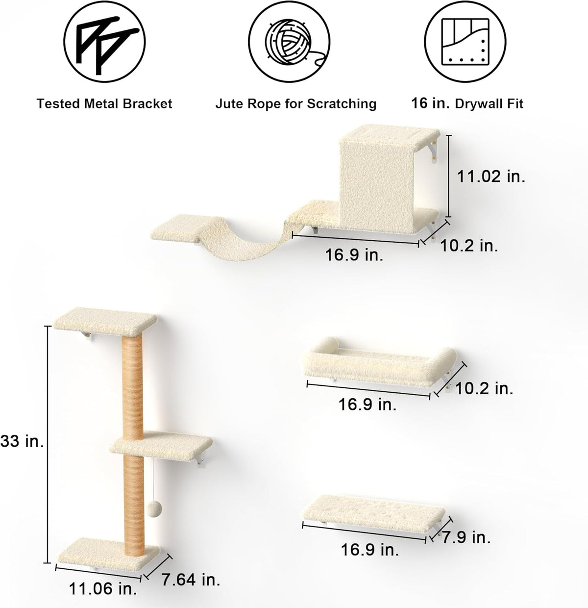 FUKUMARU Cat Wall Shelves, Stable & Safe 4 in 1 Large Cat Walls Furniture Set, Wooden Kitten Climbing Wall with Scratching Post for 16 Inch Drywall - Beige