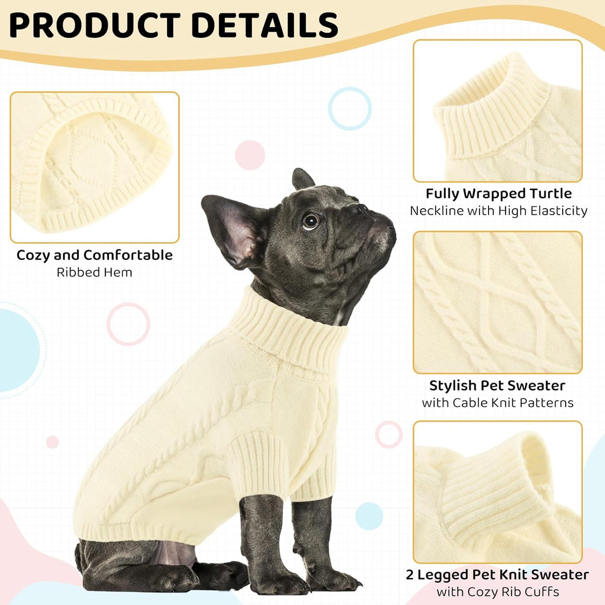 Queenmore Dog Sweater Large Size,Warm Dog Sweaters for Big Dogs,Chunky Knitted Doggy Sweater for Extra Large Dogs Boy Girl, Big Doggie Turtleneck Winter Outfit (White,2XL)