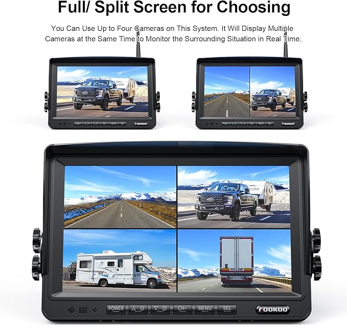 Fookoo 1080P 7" Wireless Backup Camera System, 7" HD Dual/Quad Split Monitor with Recording, IP69 Waterproof Rear View Front View Cameras with Parking Lines, Suits for RV/Truck/Trailer/Van/Bus(DW702)