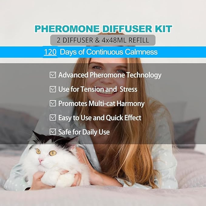 Cat Calming Diffuser, Cat Pheromones Calming Diffuser, Effectively Relieve Anxiety Stress Cat Diffuser Calming Multicat with 2 Diffuser + 4 Refill 48ml Last 120 Days Fits All Cats