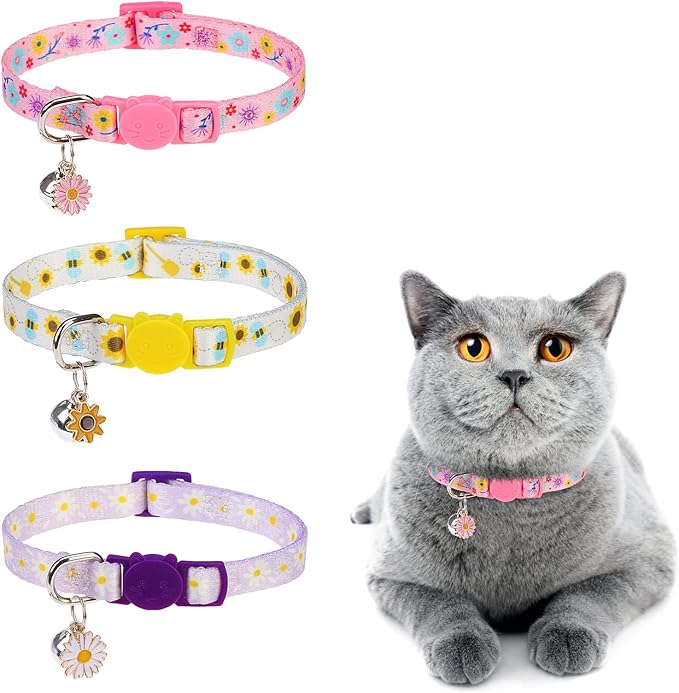 Breakaway Cat Collar with Bells, 3 Pack Summer Spring Cat Collar for Girl Boy Cats, Cute Pink Purple Yellow Flower Kitten Collars with Safety Buckle, Adjustable 8"-12" for Puppy Small Pets