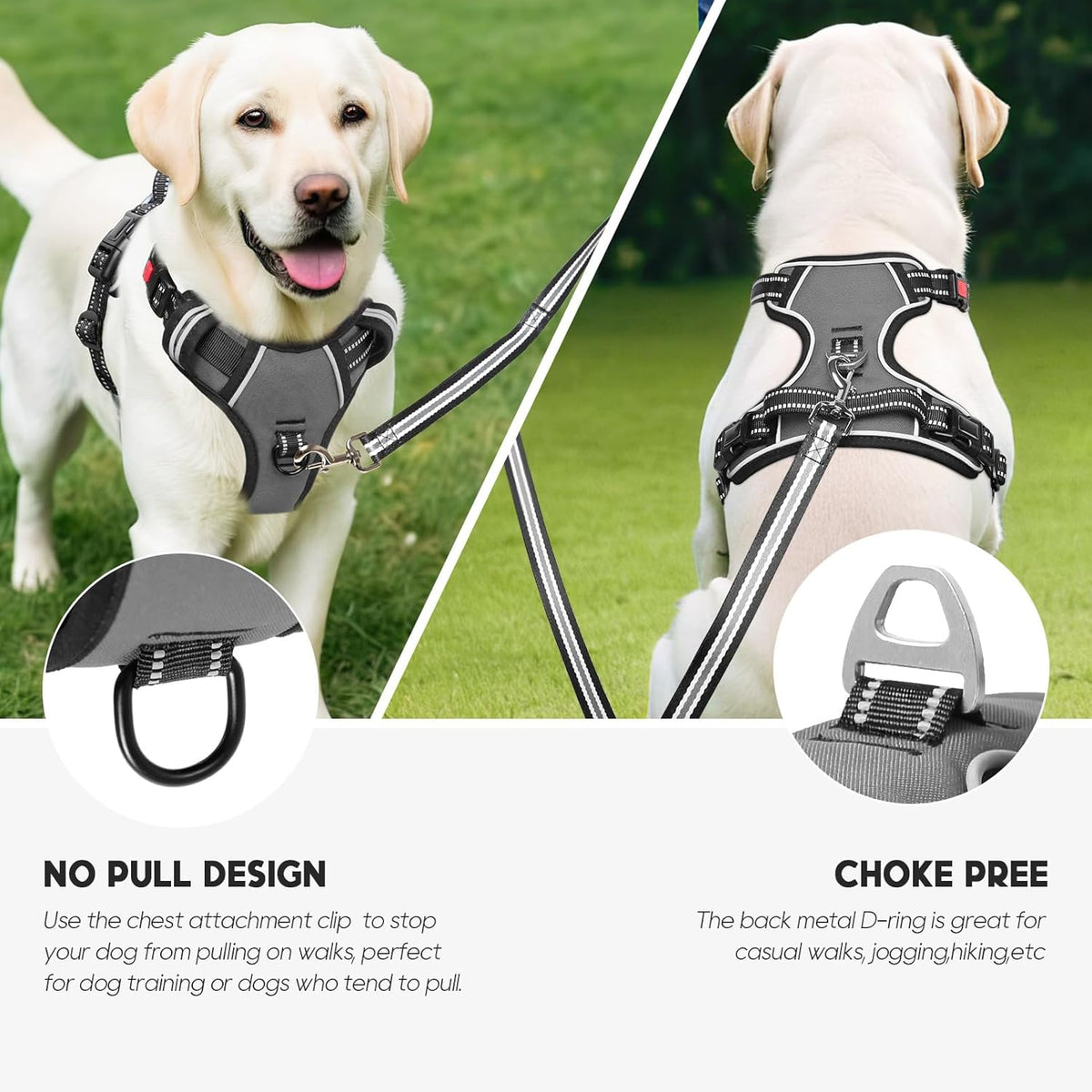 Timos Dog Harness Large Sized, No Pull with Neck Lockable Snap,No Choke Front Clip Dog Reflective Harness,Adjustable Metal Rings 3 Buckles,Easy Control Handle for Large Dogs Gray L