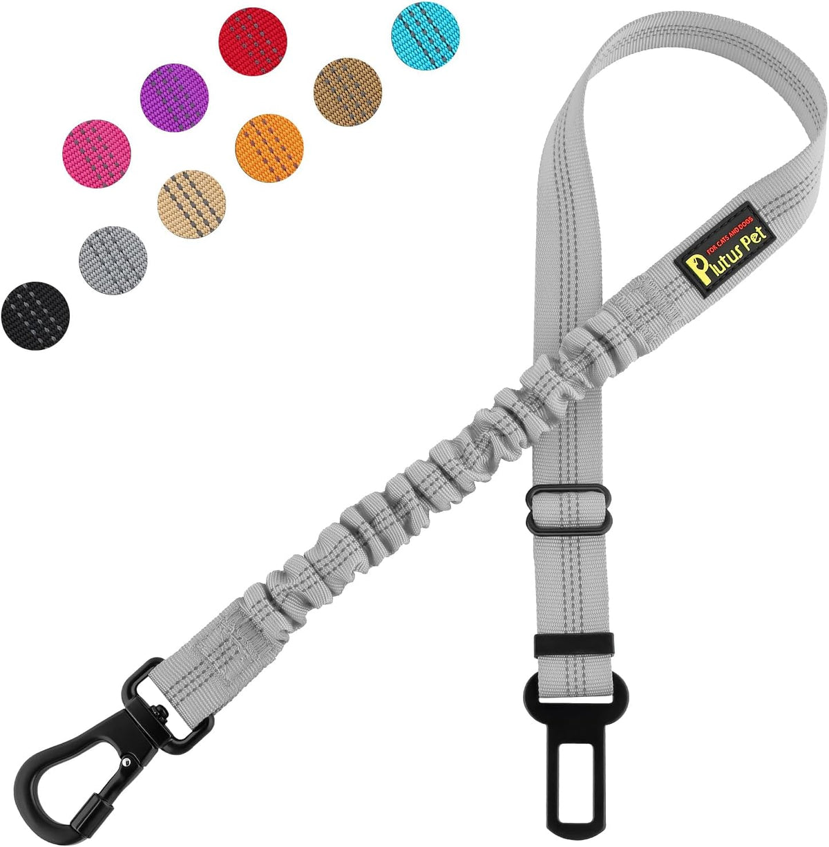 Plutus Pet Dog Seat Belt for Car, Adjustable Dog Car Harness with Carabiner Clip, Reflective Safety Dog Seatbelt Leash with Elastic Bungee, Gray
