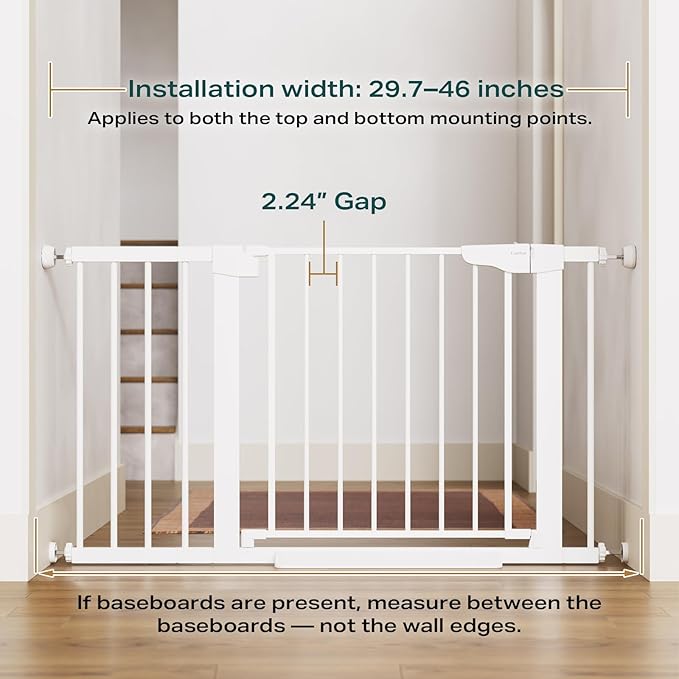 Cumbor 29.7-46" Baby Gate for Stairs, Toddler Safety Essentials for The House, Auto Close Dog Gate for Doorways, Mom's Choice Awards Winner-Easy Install Pressure Mounted Pet Gates for Dogs, White