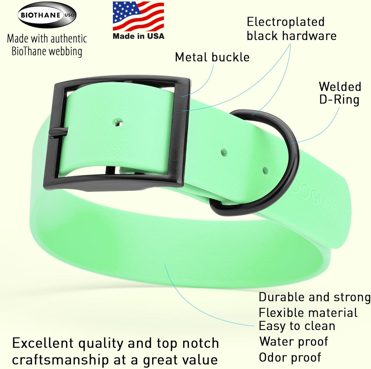 Dogline Biothane Waterproof Dog Collar Strong Coated Nylon Webbing with Black Hardware Odor- Proof for Easy Care Easy to Clean High Performance Fits Small Medium or Large Dogs, Sea Foam Green
