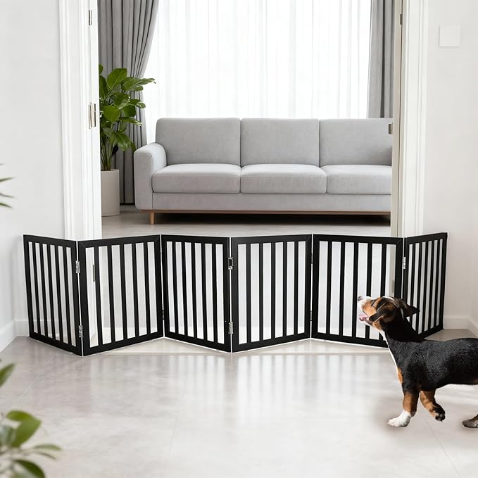 ZJSF Freestanding Indoor Dog Gate for House Foldable Wood Black Puppy Gate for Doorways Pet Gate for Stairs Extra Wide Pet Fence 24" Height 6 Panels