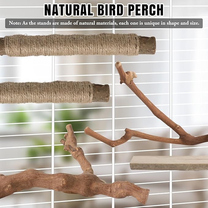 REHALY Large Bird Perch Stand, 5PCS Bird Perch Set - Natural Wood Grape Sticks, Paw Grinding Forks, Stand & Toys for Parakeets, Cockatiels, Conure, Budgies, Birds Cage Accessories