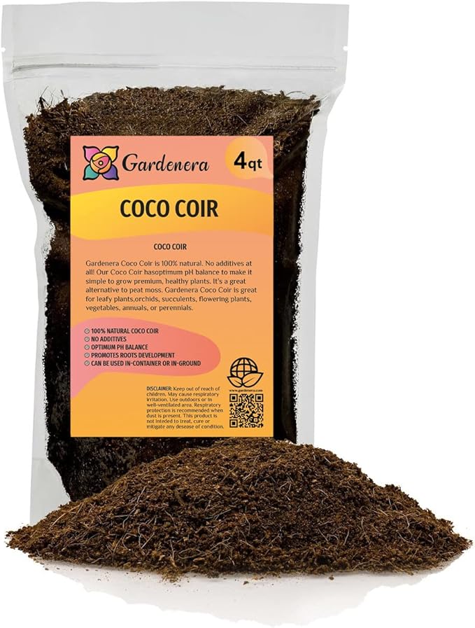 Premium Organic Coconut Coir Mix for Home Gardening - All Natural Soil Amendment - PH Balanced and Double Washed Coco Coir by Gardenera (4 Quart Bag)