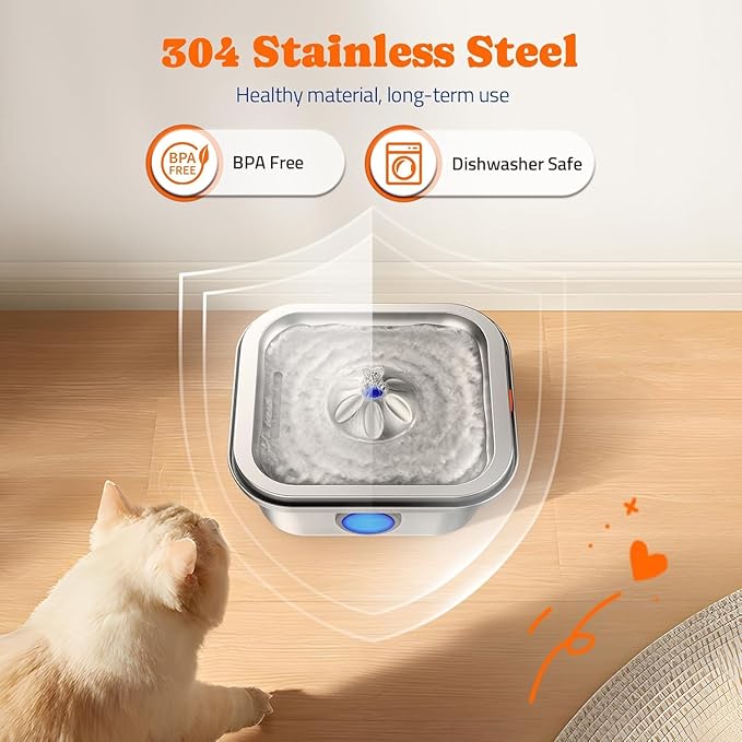 Cat Water Fountain Stainless Steel, 4L/135oz Cat Fountain, Automatic Dog Drinking Dispenser with Water Level Window, 6 Filters, Metal Pet Water Bowl Indoor, Quiet Pump, Easy Cleaning
