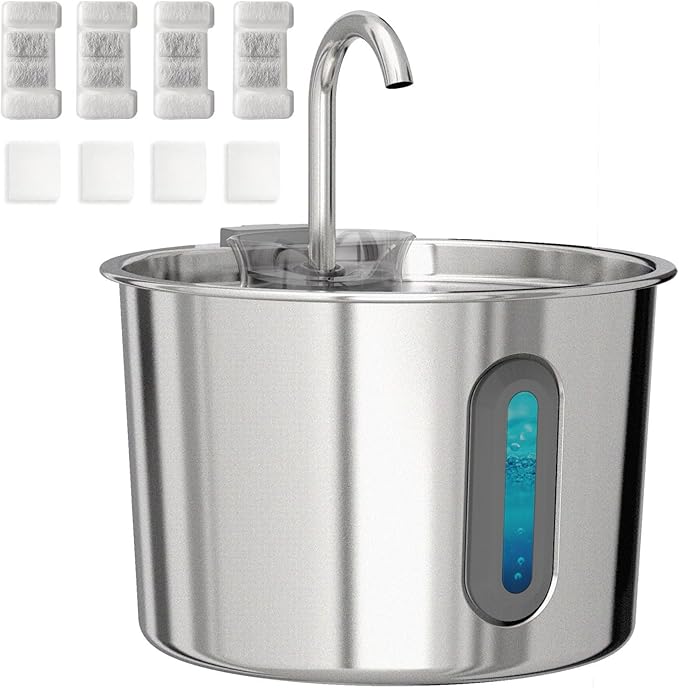 Cat Water Fountain, 74oz/2.2L Cat Fountain for Drinking - Pet Water Fountain Stainless Steel for Cats Inside - Quiet Water Bowl Dispenser - Kitty Drinking Fountains - 4 Filters + 4 Sponges