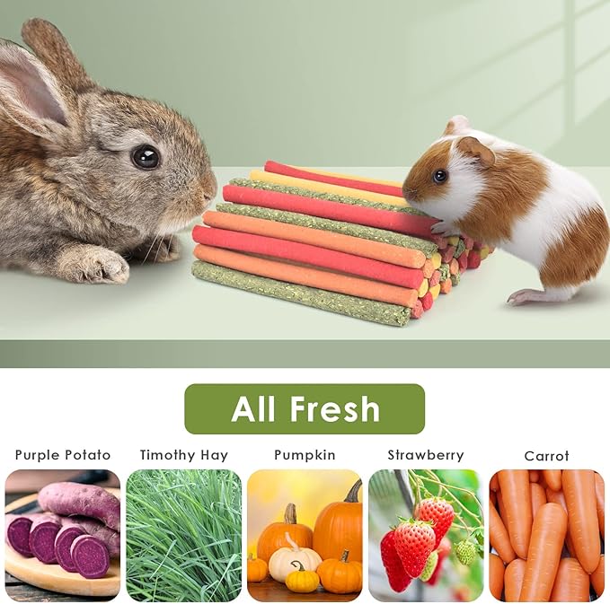 ERKOON 40Pcs Rabbit Timothy Hay Sticks, Five Flavors：PurplePotato/TimothyHay/Pumpkin/Strawberry/Carrot，Suitable Guinea Pig, Hamste, Gerbil, Chinchilla Treats, Chew Toys for Teeth for Bunnies ﻿
