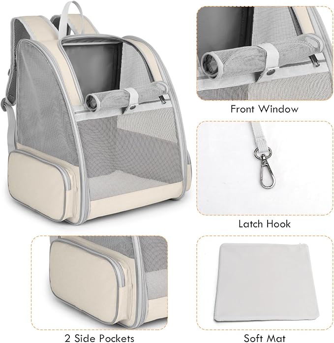 Cat Backpack Carrier, Large Pet Carrier Backpack with Kitten Wand Feather Toy for Medium Small Dog Cat Puppy Kitty Bunny up to 15lbs, Ventilated Mesh Kitten Bookbag for Travel Walking Outdoor (Beige)