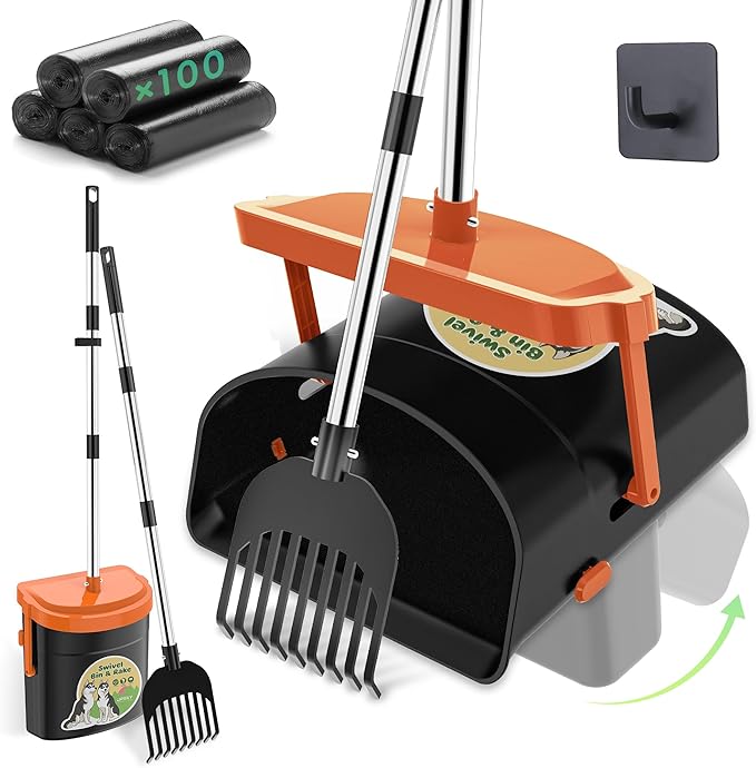 UPSKY Dog Pooper Scooper Swivel Bin & Rake Kit with 100 Waste Bags,33.4" Stainless Steel Long Handle Heavy Duty Pet Poop Shovel for Large Medium Small Dogs, Odor-Proof Lid for Yard/Lawn/Outdoor Use