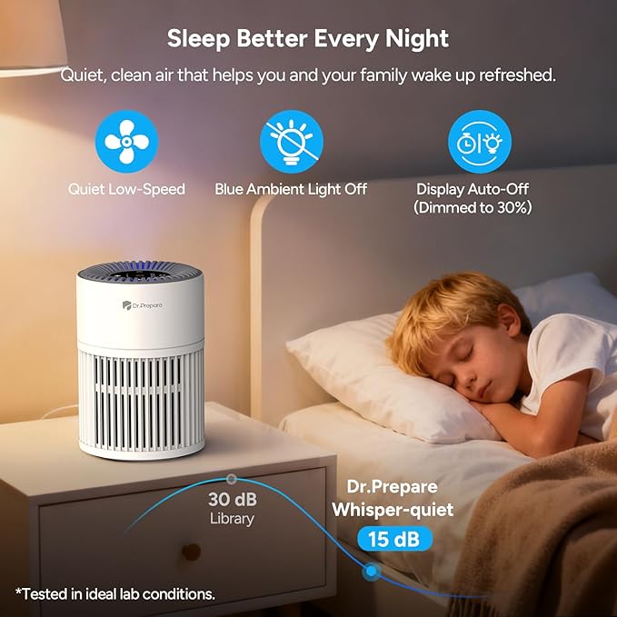 Dr.Prepare Air Purifiers for Bedroom,Quiet Air Purifier with 15 dB Sleep Mode & Night Light,H13 HEPA Washable Filter, 360°Air Inlet, 3 Timer 12W Design, Air Cleaner for Pet Dander,smoke