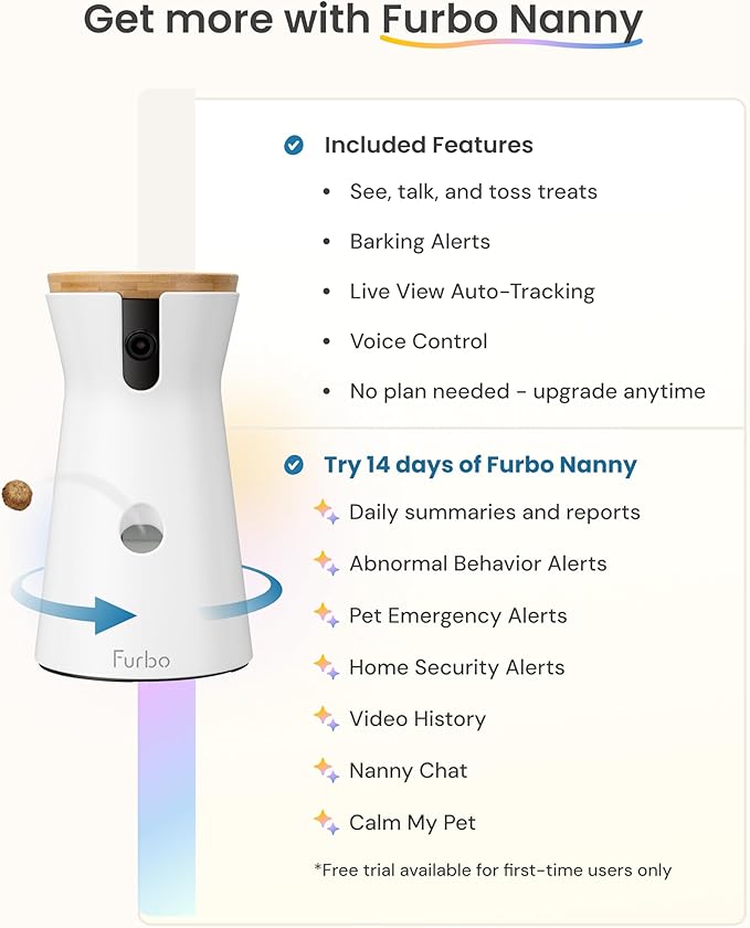 Furbo 360° Dog Camera: Pet Security Cam w/Barking Alerts, Rotating View, Treat Toss w/Phone App, Smart Home Puppy Monitoring, 2-Way Speaker, No Subscription Needed. Standard See, Talk, & Toss Features