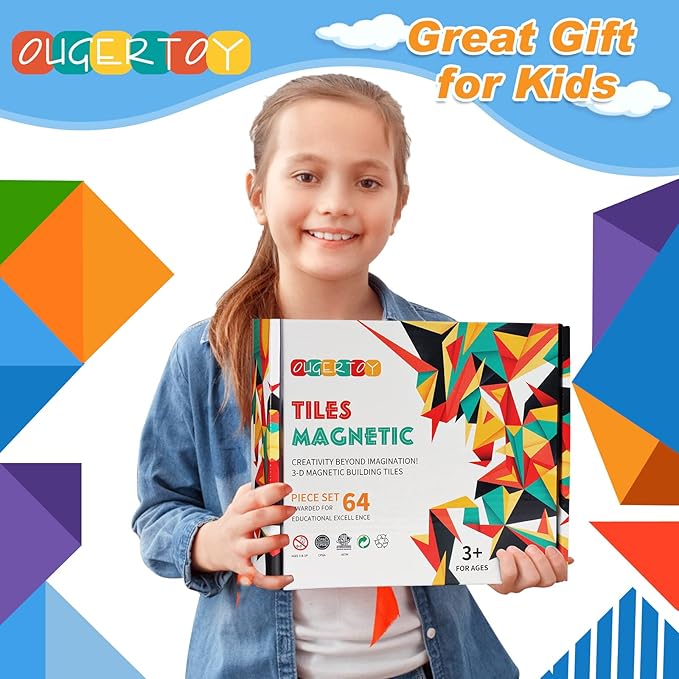 Magnetic Building Tiles for Kids,64 PCS Educational Magnetic Stacking Blocks for Boys Girls, Magnets Construction Toys,Stem Preschool Kindergarten Learning Toys