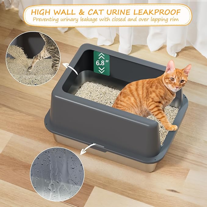 Stainless Steel cat Litter Box, Covered Metal Litter Box, cat Litter Pans with high Sides, Kitty Litter Boxes for Indoor Cats (Non Sticky, Easy to Clean, Anti-Urine Leakage) 17.5" L x 13.5" W x 4" H