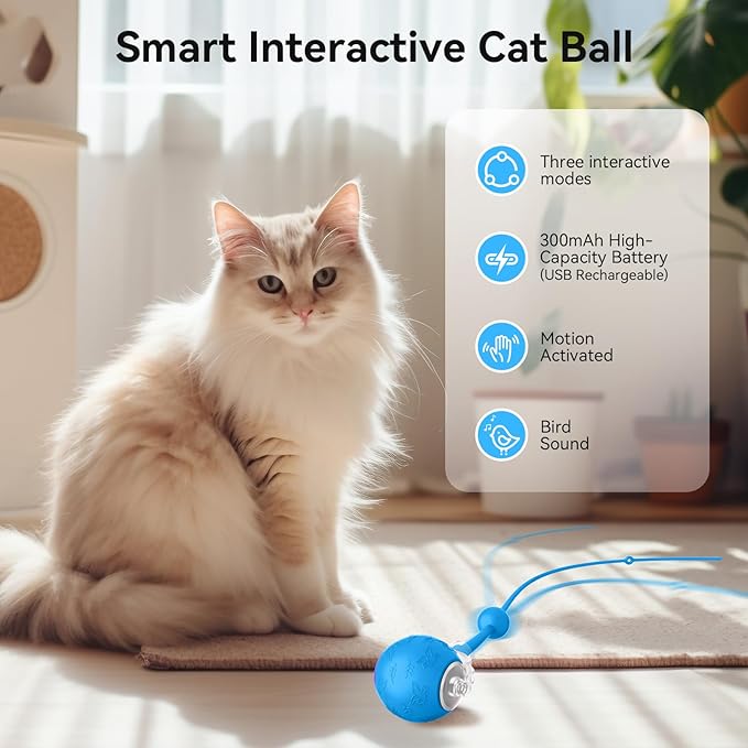 Interactive Cat Toys Ball for Indoor Cats, Automatic Pet Toys for Bored Indoor Adult Cats, Motion Activated, USB Rechargeable, Christmas Birthday Gifts (Blue)