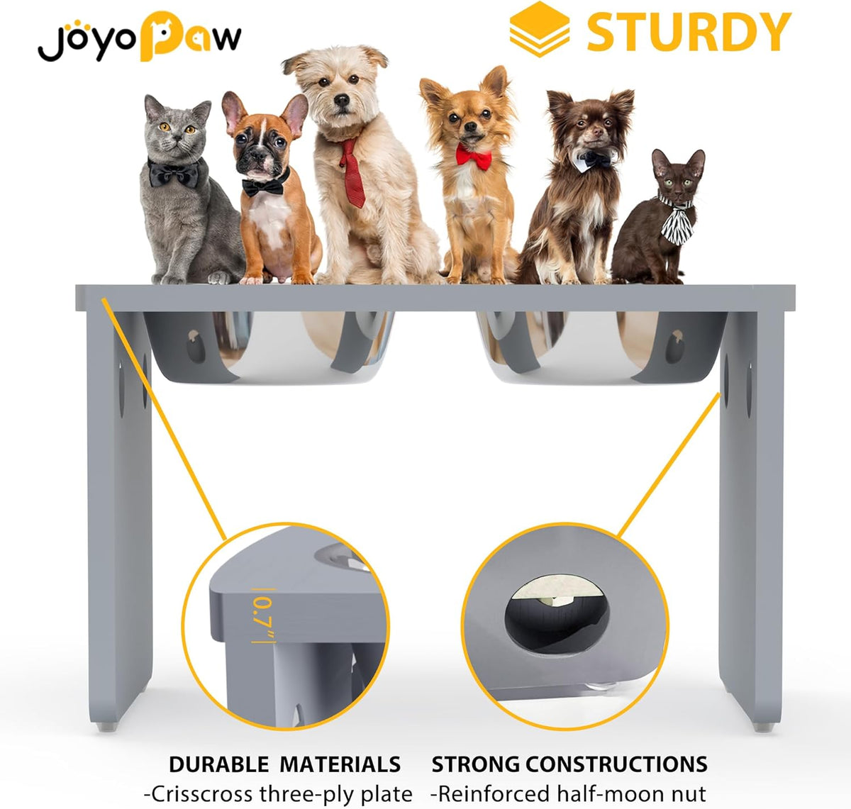 Elevated Dog Bowls, Bamboo Raised Dog Bowl for Large Dogs, with 2 Stainless Steel Bowls (13'' Tall-68oz Bowl, Grey)