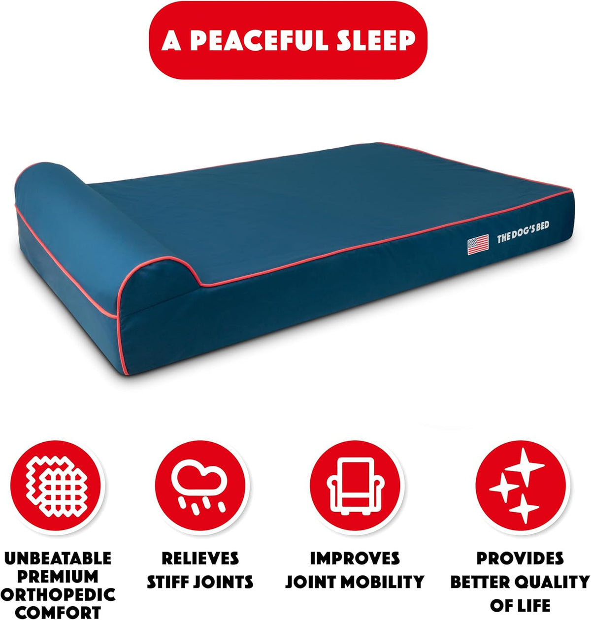 The Dog’s Bed Orthopedic Headrest Dog Bed XXL Blue Oxford with Red Trim US Flag 54x36, Memory Foam, Hip & Elbow Dysplasia, Post Surgery, Lameness, Veterinary Approved, Waterproof Washable Cover