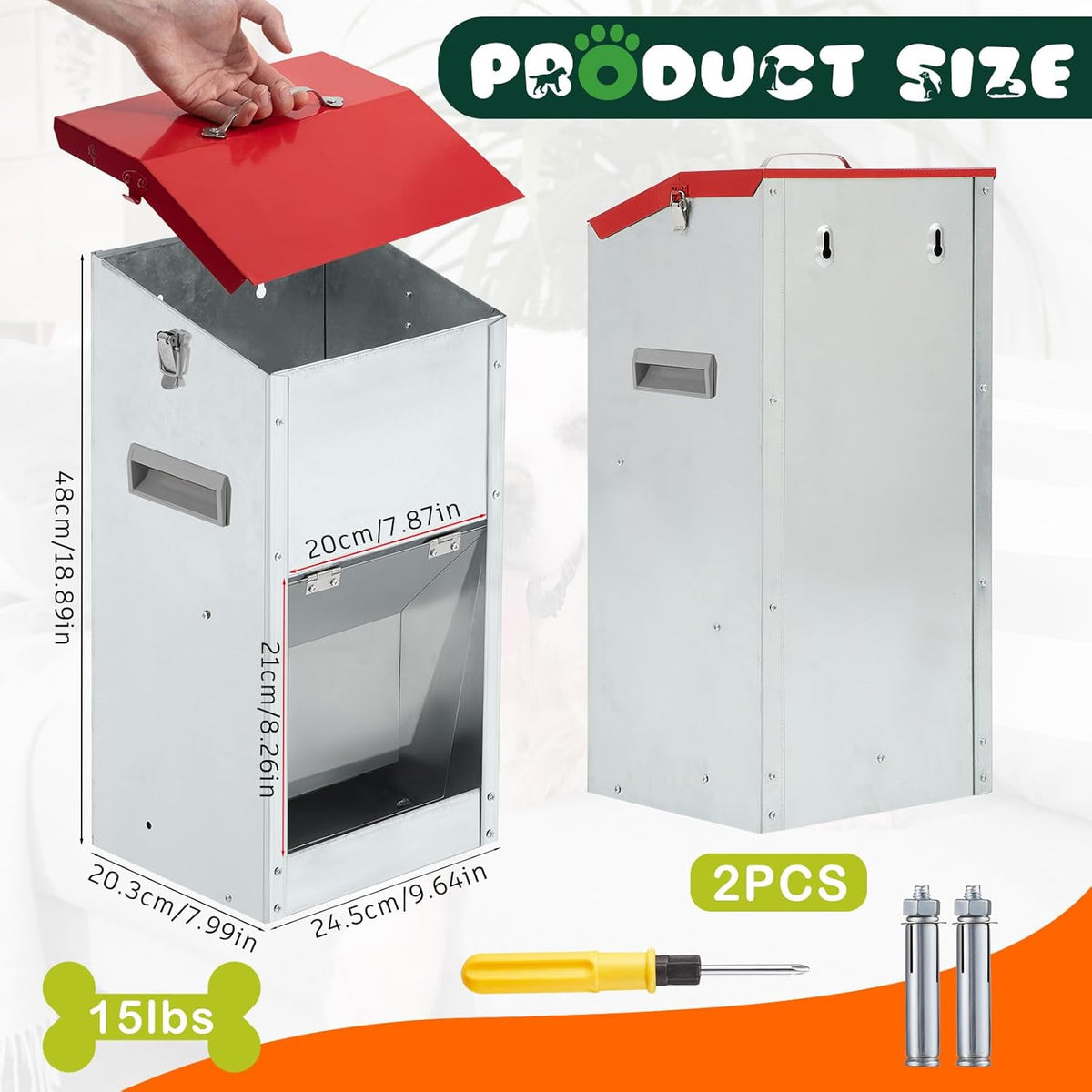 2 Pcs 15 Lbs Large Automatic Dog Feeders with Handle Acrylic Panel Galvanized Gravity Feeder Outdoor Hanging for Doggie Breed Dog Food Dispenser Container(Red)