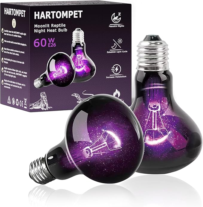 60W Reptile Night Light Bulb, UVA Heat Lamp - Simulate Natural Moonlight, Purple Basking Lamp for Bearded Dragon, Lizard, Snake, Chameleon & Amphibians, Ideal for Aquariums Tanks|Pack of 2