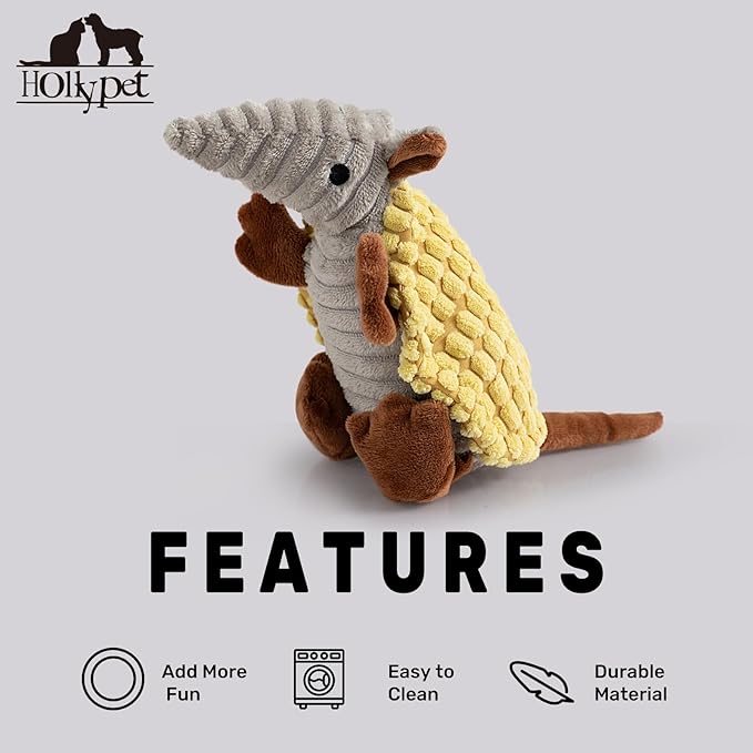 Hollypet Plush Dog Squeaky Toy Stuffed Armadillo Animal Pet Puppy Chew Toys with Clean Teeth for Small Medium Large All Breed Sizes Dogs, Yellow, 8 in