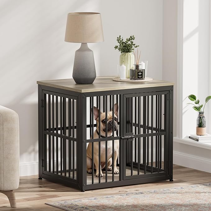 Lyromix 27'' Dog Crate Furniture with 3 Doors,Wooden Crate End Table Heavy Duty Indoor Puppy Cage for Small Dogs, Multiple Units Can be Combined, Grey