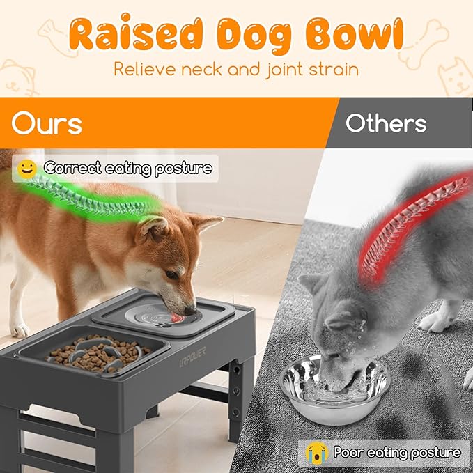 URPOWER 2-in-1 Elevated Slow Feeder with No Spill Dog Water Bowl 4 Height Adjustable Raised Bowl Stand for Small to Large Dogs, Cats & Pets