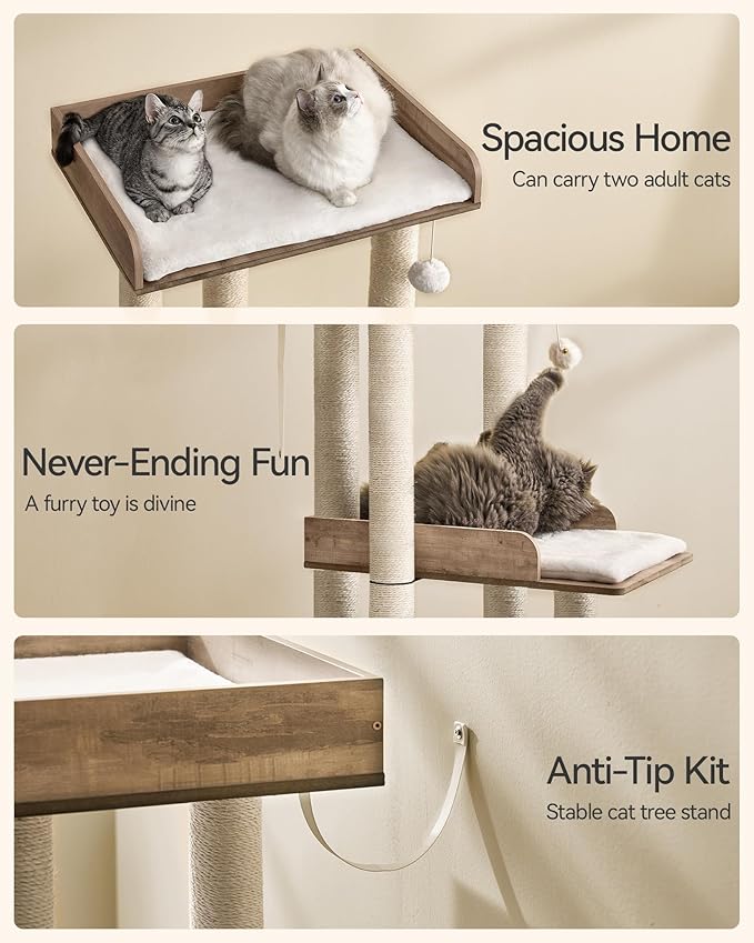 FourFurPets 43.7" Cat Tree, Modern Cat Tree Tower, Cat Tower for Indoor Cats Large Adult, Cat Condo with Scratching Post, Large Perch and Removable Pads, Greige