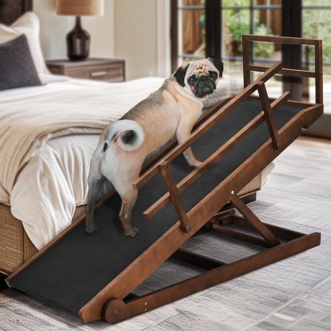 Dog Ramp for Bed, Adjustable Pet Ramps for Dog to Get on Bed, Non-Slip Rubber Surface - Folding Wooden Dog Ramp for Small/Large/Old Dogs, Adjustable up to 23.5 inch High Beds, Safety Railings