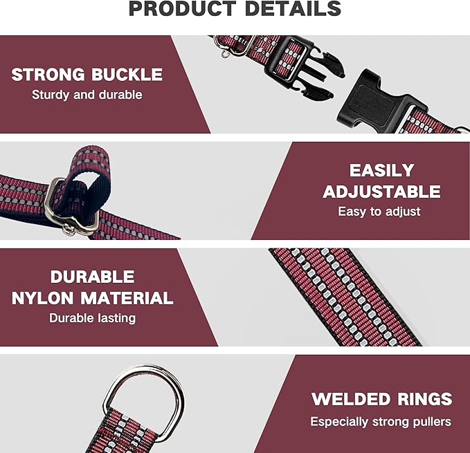 Hikiko Martingale Dog Collars Reflective Nylon Dog Collar with Quick Release Buckle Adjustable Training No Slip Dog Collar (Small, Burgundy)