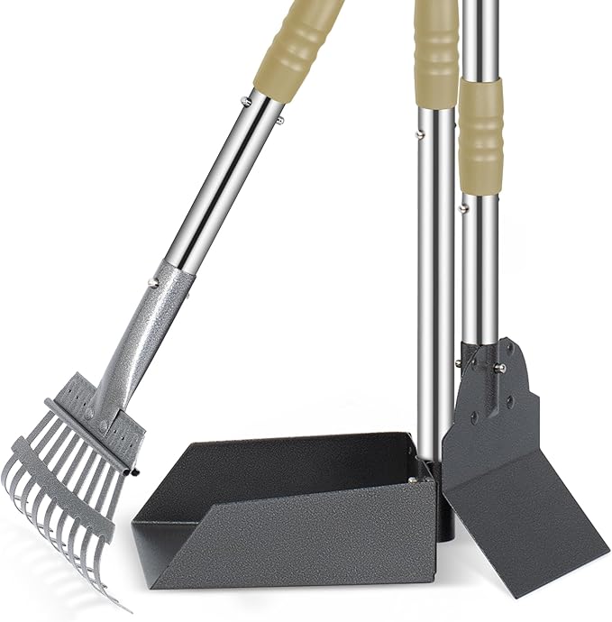Heeyoo Dog Pooper Scooper, Dog Poop Tray and Rake Set, Pet Waste Removal Scoop with Long Adjustable Sectional Stainless Handles