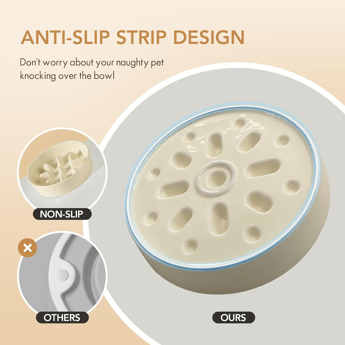 Ceramic 7.3 inch Dog Bowl Slow Feeder, Slow Pet Food Dish for Medium and Small Dog, Stop Bloat, Preventing Choking(Single Bowl, Beige)