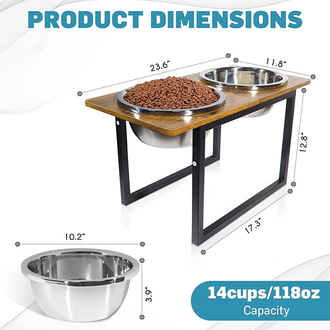 Elevated Dog Bowls for Large & Extra Large Breed Dogs - Raised Dog Feeding Station with Two Stainless Steel Bowls - Helps to Reduce Strain on Dog’s Neck & Joints - 3500 ML Capacity