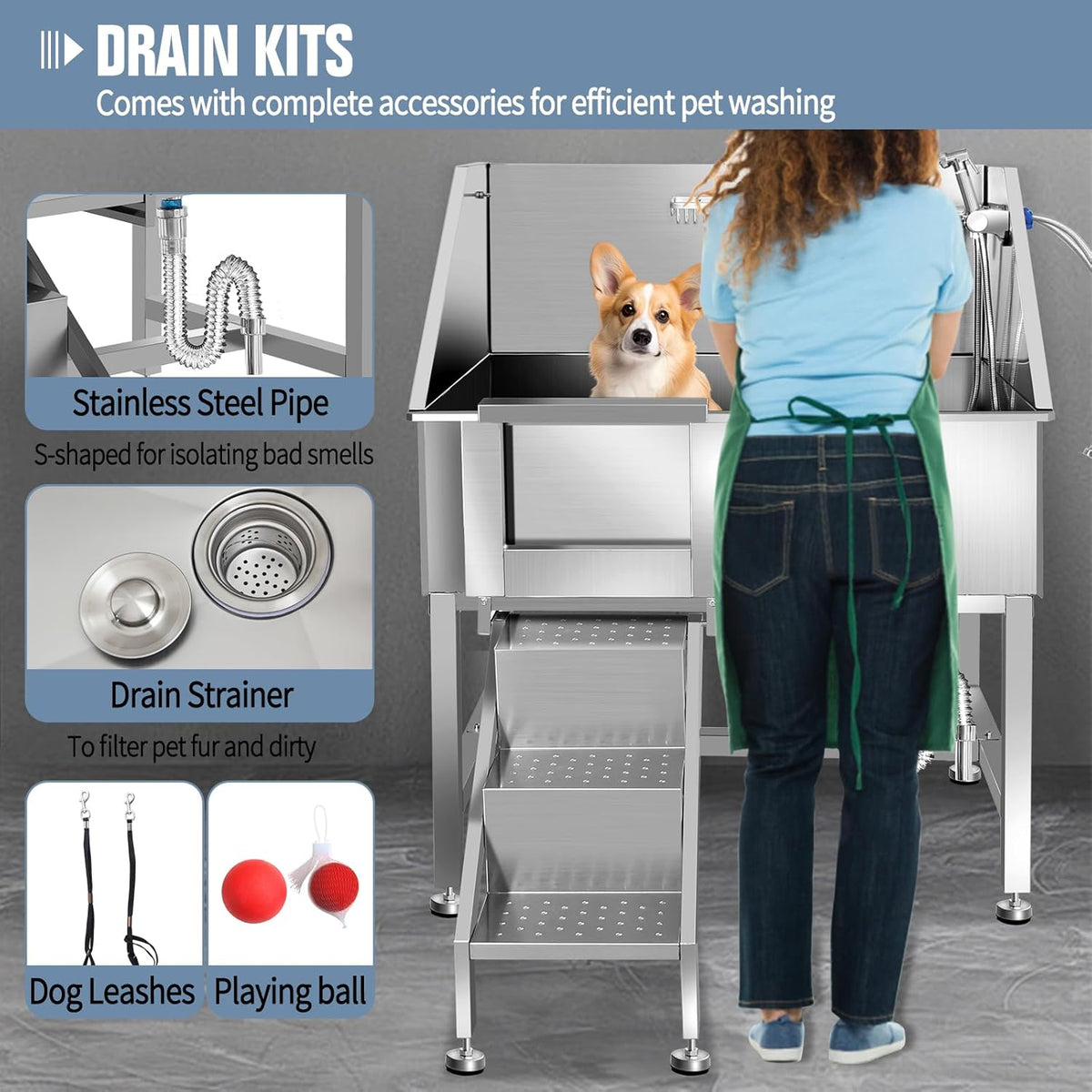 38" Pet Dog Bathing Station W/Ramp, Professional Stainless Steel Dog Grooming Tub W/Floor Grate, Faucet, Dog Bathtub for Large,Medium, Small Pets, Washing Sink for Home,L-RAMP