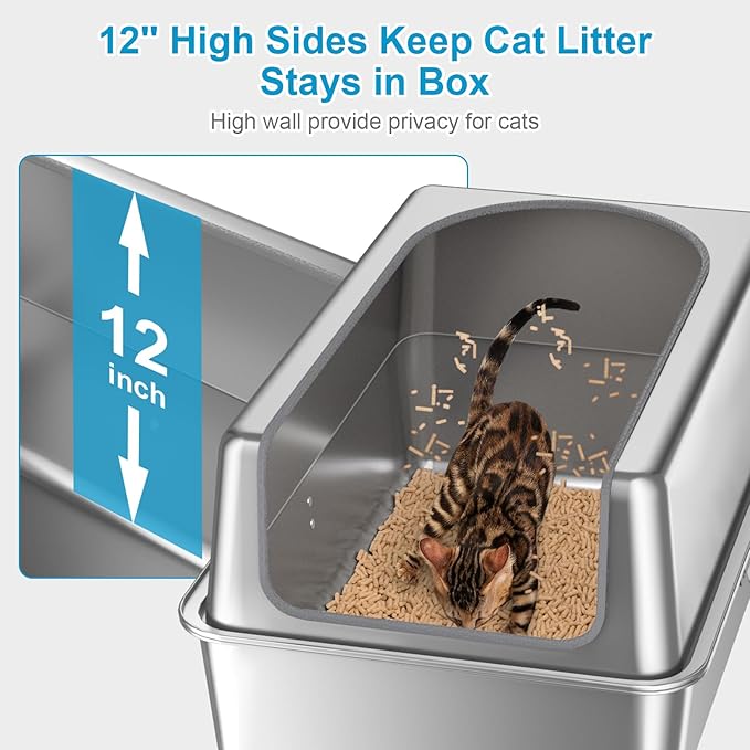 12'' High Sides XL All Stainless Steel Cat Litter Box with Lid,Deep Metal Litter Box for Big Cats,Extra Large Litter Boxes with High Wall Enclosure,Anti-Leakage,Never Absorbs Odors,Non-Sticky Surface