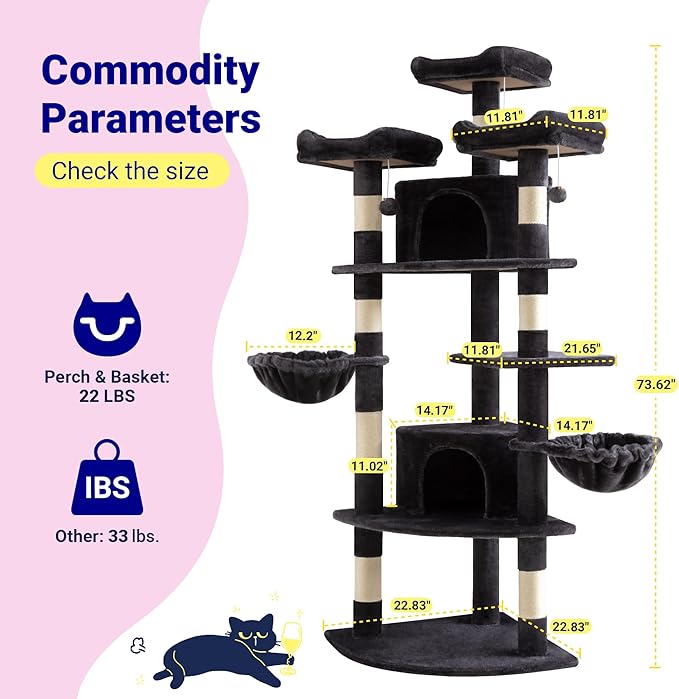 Allewie 73in Fan-Shaped Space-Saving Corner Cat Tower/Multi-Level Tall Cat Tree for Indoor Kitties/Cozy Baskets/Condos/House/Perches/Sisal Scratching Posts/Pet Activity Center/Dark Grey