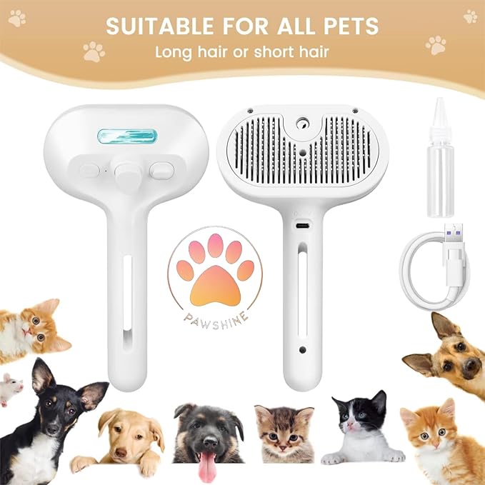 Cat steam brush – Effective Pet Brush for Indoor Cats, Steam Technology for Shedding, Mats & Grooming – Ideal cat brush indoor for Deep Cleaning (White)