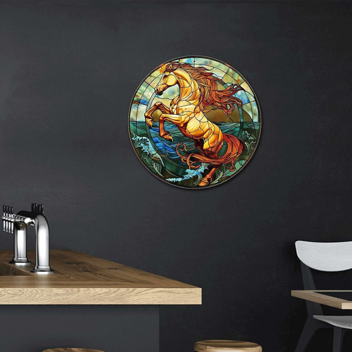 Lygond Metal Sign Tin Sign Circular Stained Glass Horse Funny Outdoor Decor for Bar 12×12 Inches
