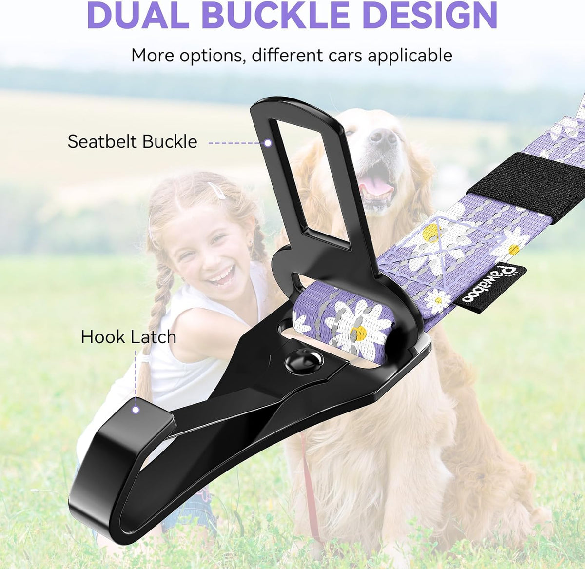 Pawaboo Dog Seatbelt for Car, Dog Seat Belt Bungee, Shockproof Dogs Tether for Car with Buckle & Hook Latch, Adjustable Reflective Dogs Cars Harness Leash with 360° Lockable Buckle, Light Purple
