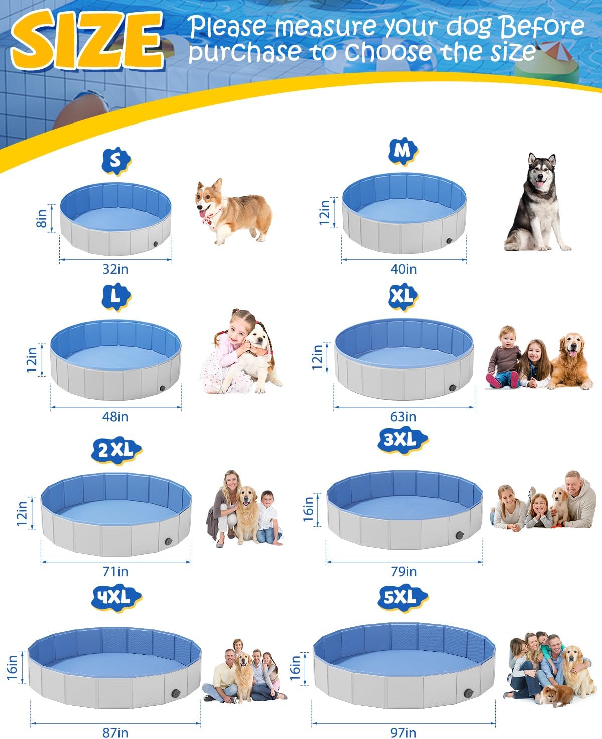 Portable Dog Pool PVC Pet Swimming Pool Bathtub Collapsible Dog Pool, Hard Plastic Pool for Pets to Swim and Bath (M-40"x 12" Light Grey)
