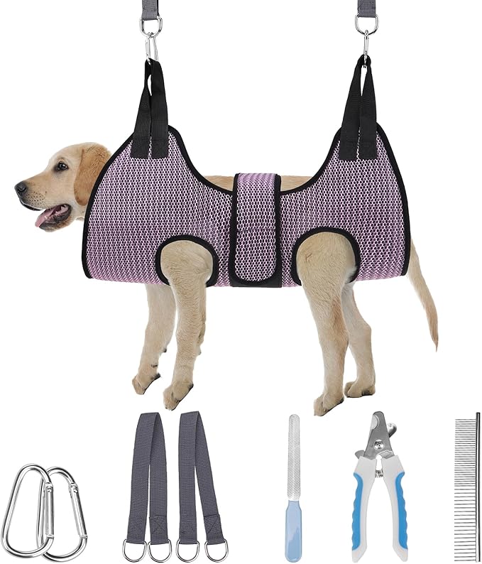 PAWCHIE Dog Grooming Hammock Harness for Dogs & Cats with Pet Nail Clipper Trimmer- Breathable Cat Hanger Sling for Trimming Clipping Nails-Dog Hammock Restraint Bag for Small Medium Large Dog, Pink M