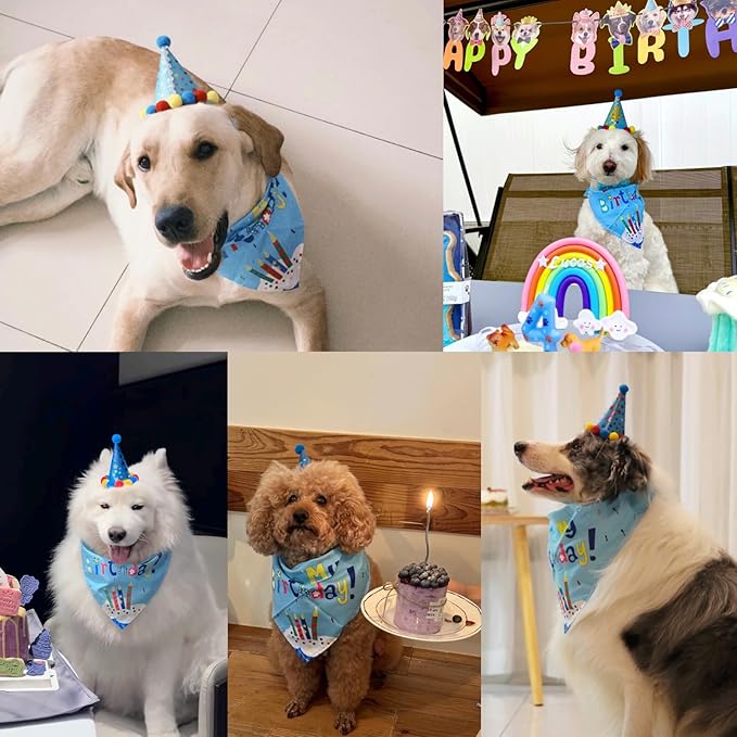 Dog Birthday Party Supplies Set,Birthday Bandana,Boy Girl Dog Birthday Hat with Numbers,Happy Birthday Banner for Golden Retriever French Bulldog Labrador Teddy Husky (Blue)