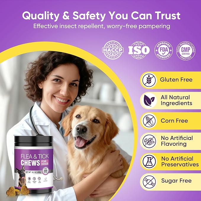 Dog Flea and Tick Treatment Chewable 200 Treatment Chews Natural Soft Chew Fleas Ticks Treatment Dog Oral Chewables Support Supplement Breeds and Ages Dogs Chicken Flavor
