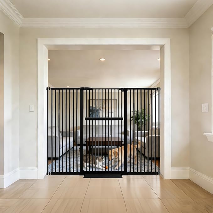 Lumizone Extra Tall Pet Gate 55.12" High Pressure Mounted 63.39"-67.90" Extra Wide (9 Sizes) 1.37" Gap for Cat Dog Stairs Doorway Hallway No Drilling Auto-Close (63.39"-67.90" W, Black)