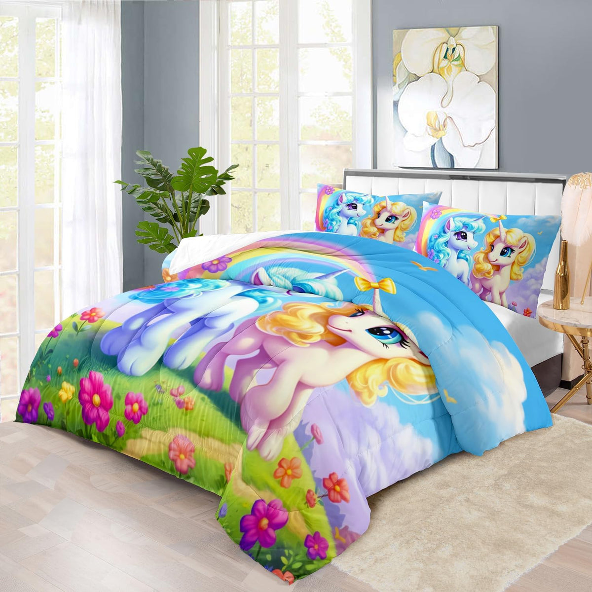 Unicorn Comforter Set King,Kawaii Unicorn Bedding Set King Kids,Rainbow Comforter Blue Bedroom Decor,Cute Animal Bedding Rainbow Bed Decor for Girls,Cartoon Blue Floral Quilt