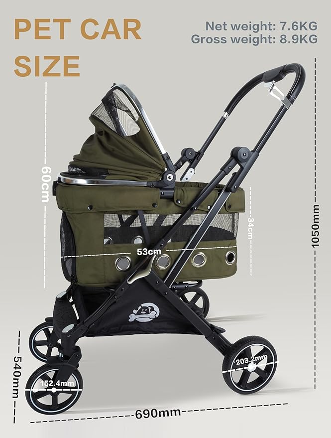 JK Pawadore 4 Wheels Pet Stroller Best Lightweight Foldable Portable Secure Easy Lock NO-Zip 180 ̊ Canopy Sun Shades Waterproof for Small/Medium Dogs 33lbs with Large Storage Basket (Army Green)
