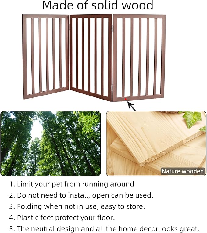 ZJSF Freestanding Indoor Dog Gate for House Foldable Wood Brown Puppy Gate for Doorways Pet Gate for Stairs Extra Wide Pet Fence 32" Height 3 Panels