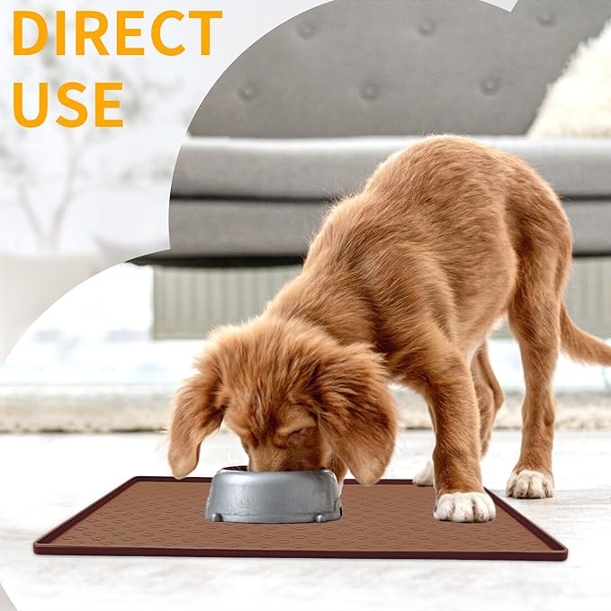 Ptlom Pet Placemat for Dog and Cat, Waterproof Silicone Pet Feeding Bowl Mats for Food and Water, Small Medium Large Dogs Mat Prevent Residues from Spilling to Floor, Brown, 18" 12"